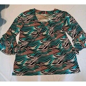 C Krave Wm Sz 3X Plus Blouse Top Turquoise Black Brown Knit Stretch 3/4 Sleeves